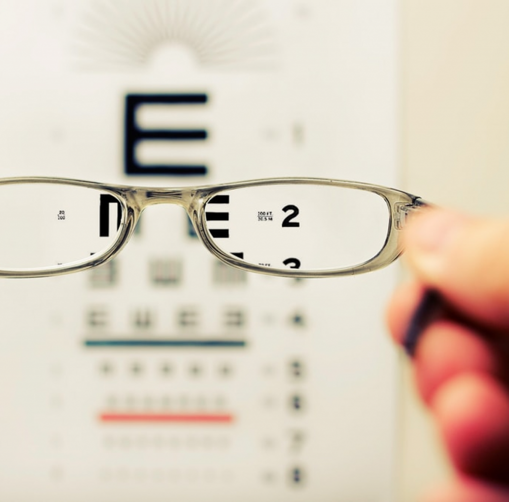 Glasses in front of vision chart