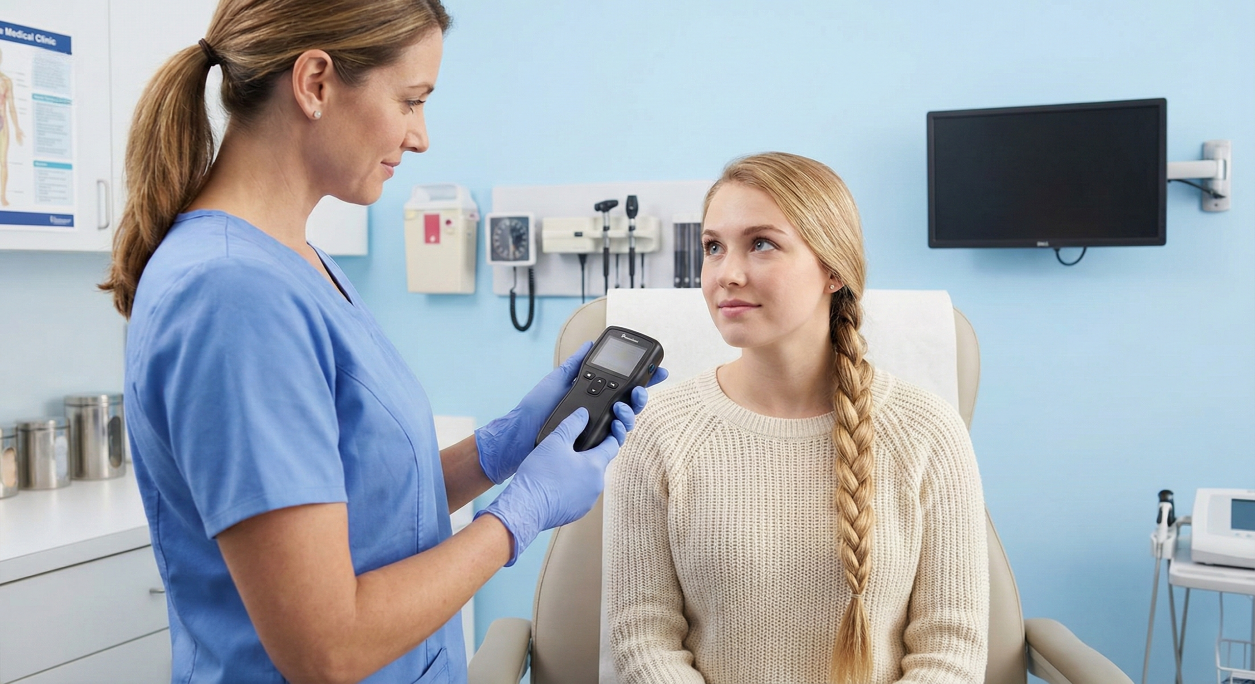 Neurologist handing a patient specialized goggles for a VNG test