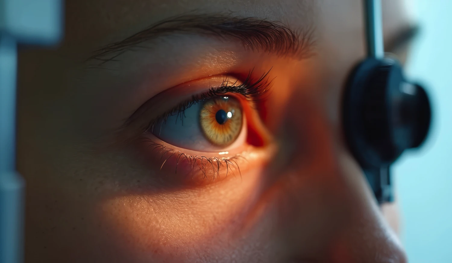 Patient with brightened eye getting an optical exam