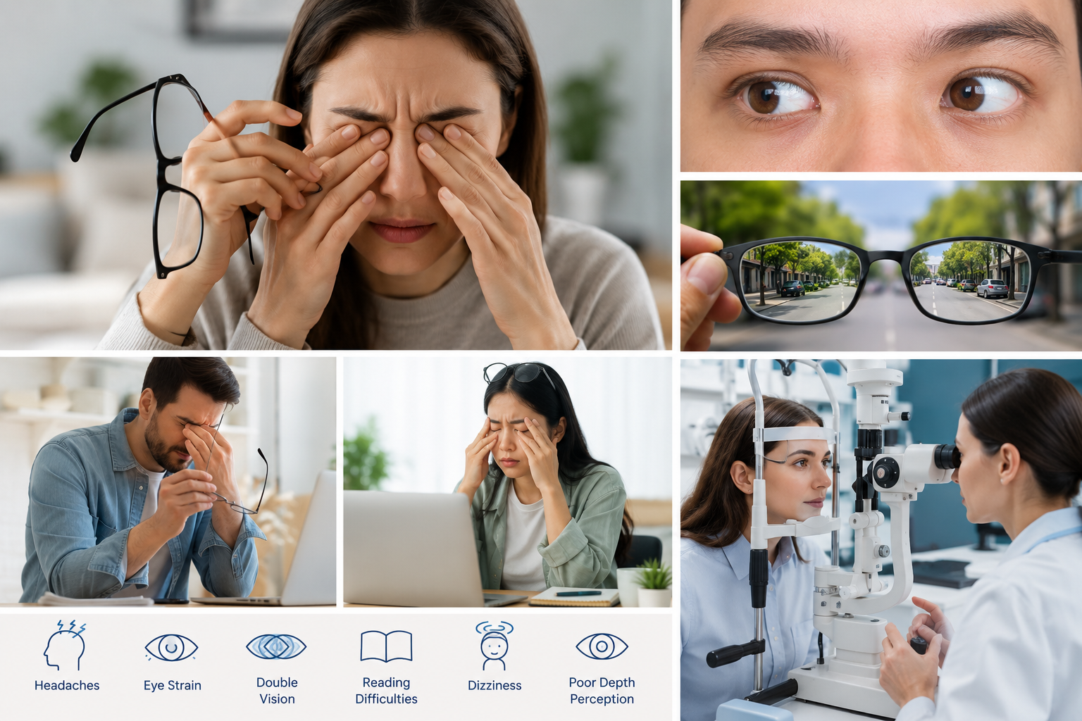 Common symptoms of esotropia vs exotropia including eye strain, double vision, headaches, blurred vision, and vision testing