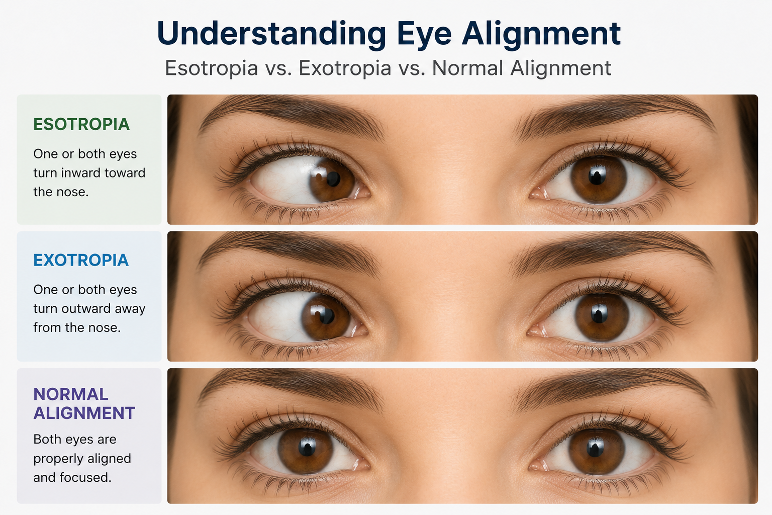 Eye alignment comparison showing esotropia vs exotropia and normal eye alignment